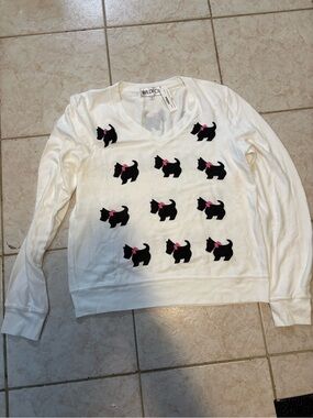 Wildfox Women’s White V-Neck Sweatshirt with Black Scotty Dogs and Pink Bows